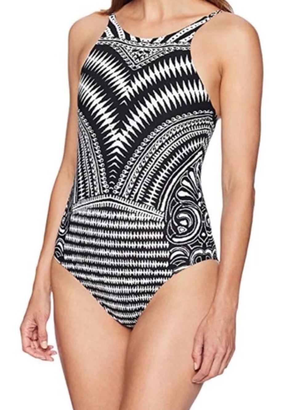 La Blanca Women's High-Neck One Piece Swimsuit, Black/White Sz 6
